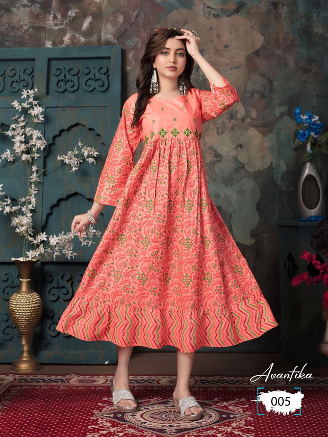 Avantika By Trendy 001 To 010Long Flair Anarkali  Kurtis Exporters In India
